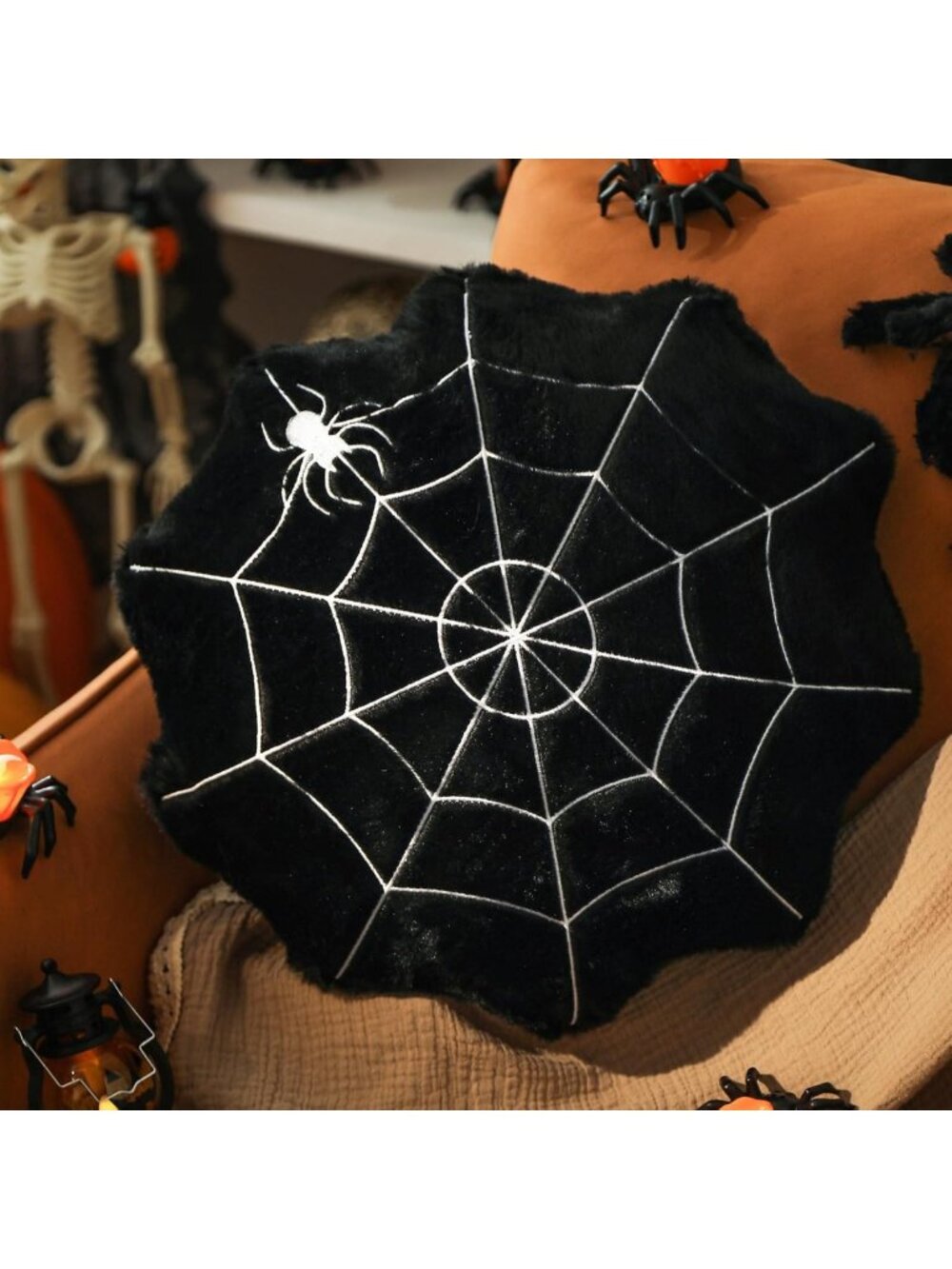 Spider Web Shaped Halloween Pillows - Soft Black 16x16" Throw Cushions for Decor